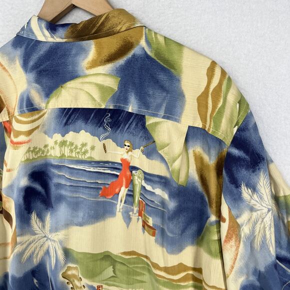 TOMMY BAHAMA Shirt Men L Silk Camp Hawaiian Cocktails Guitar Bartender Camp - Picture 7 of 16